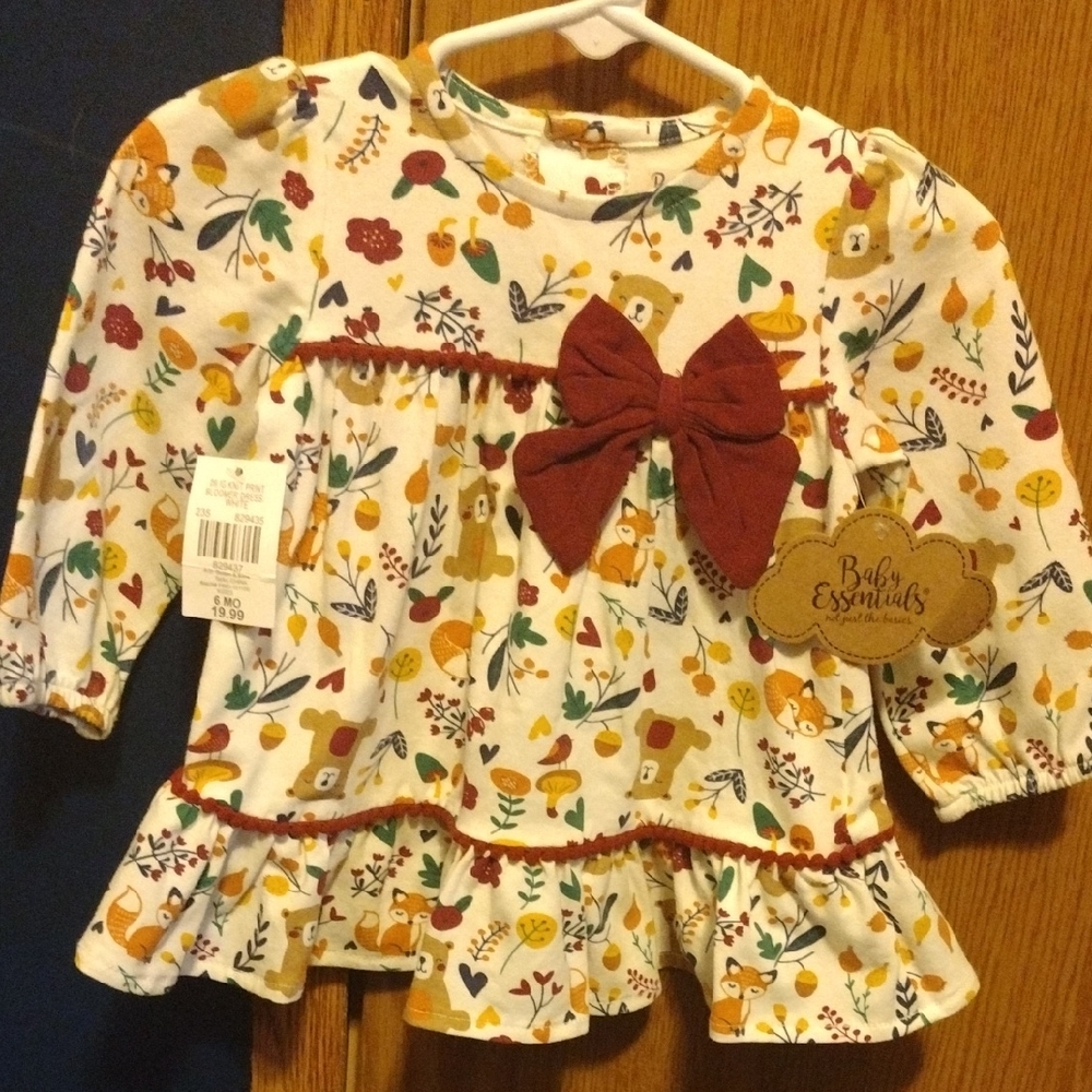 Baby Essentials Autumn Pattern Dress with Burgundy Bow